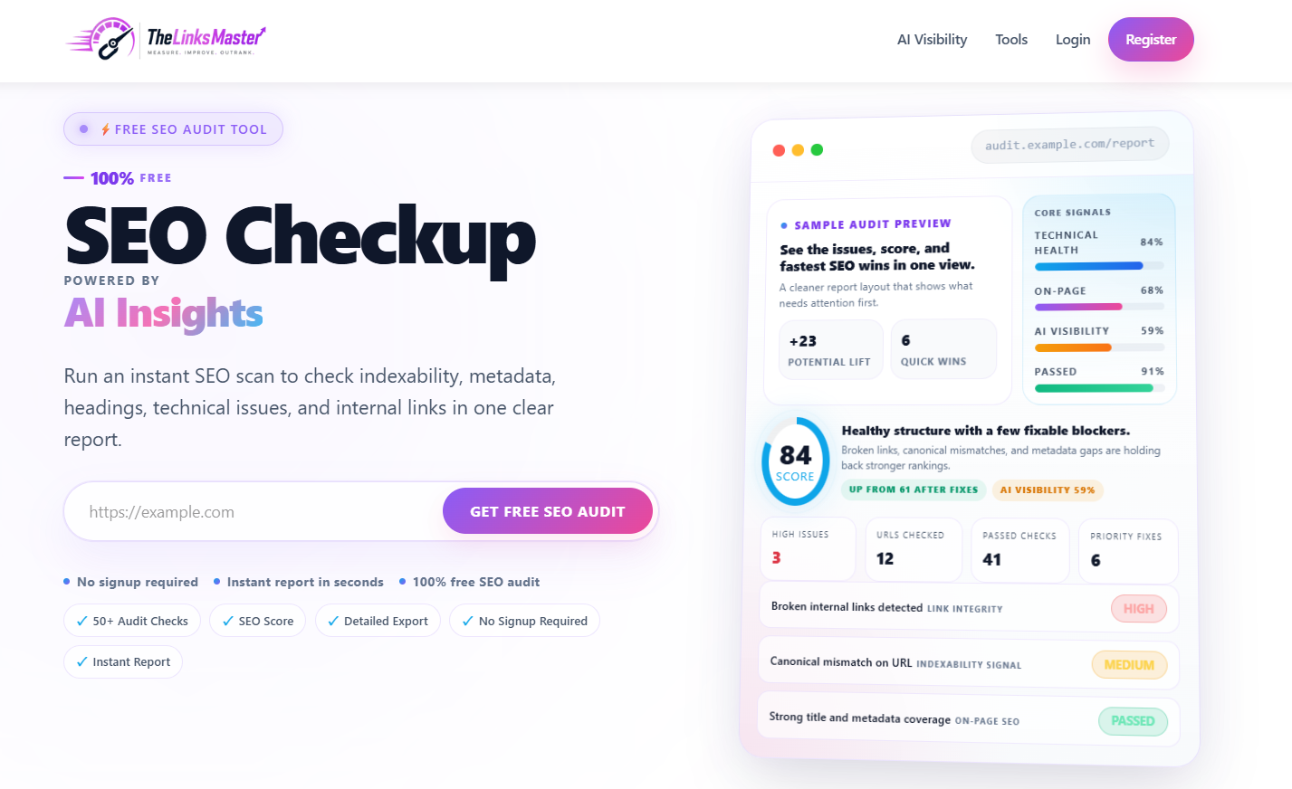 Thelinksmaster - Free SEO Site Checkup With AI